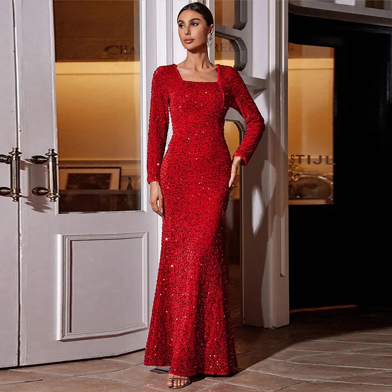 

Sequined toast dress, bridal red temperament, sexy fishtail slim banquet evening dress, new high-end simple temperament, classic