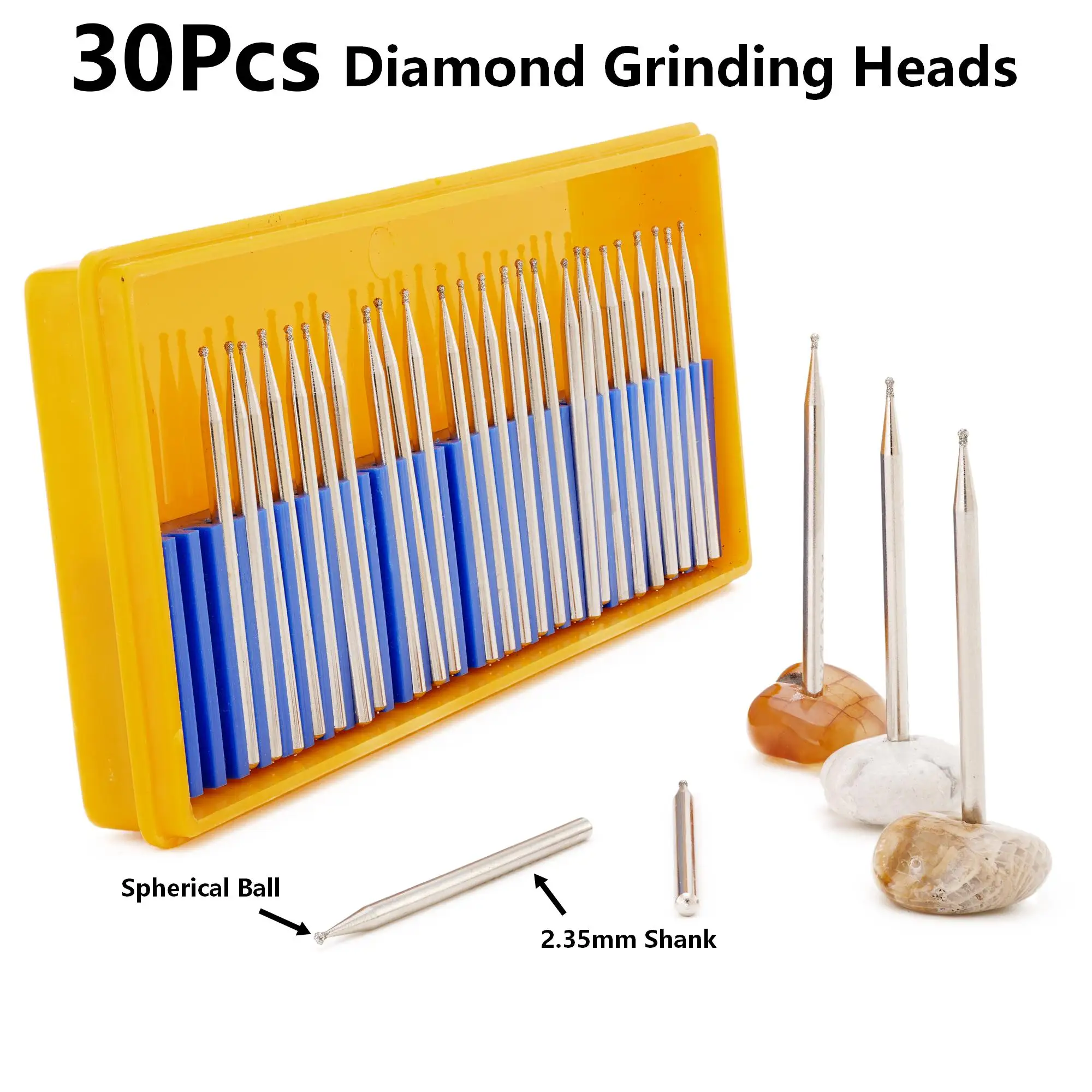 30Pcs 1-3mm Diamond Coated Spherical Ball Mounted Points 2.35 Shank for Dremel Rotary Tool Jewelry Stone Glass Grinding Carving