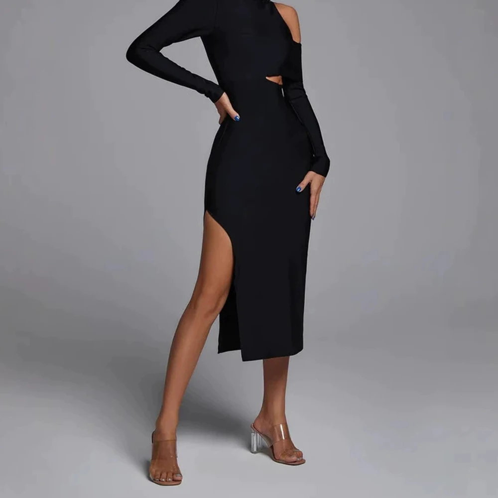 Mode dames fabriek directe verkoop lange mouwen hoge kraag uit de schouder lange jurk bandage jurk-GZXX1439