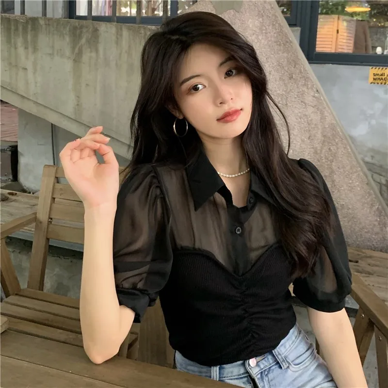 

plus Size Collar Slim Fit ort Sve irt Women's Spring Summer New Sle Patchwork Slimming Top Korean Commute Sle...