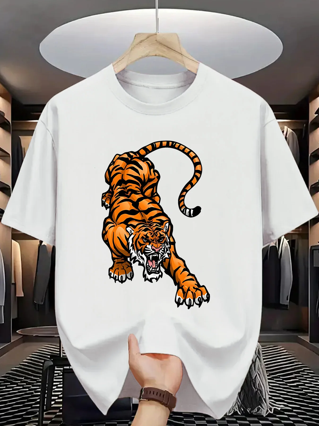 

Aggressive Tiger Print Graphic Tee Men Cotton Casual Short Sleeve Round Neck T Shirt Summer Trip