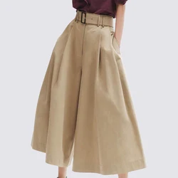 Women Korean Fashion Elegant Belt Design Wide Leg Capris Pants Y2K Female Summer Vintage Khaki Loose High Waist Cropped Trousers