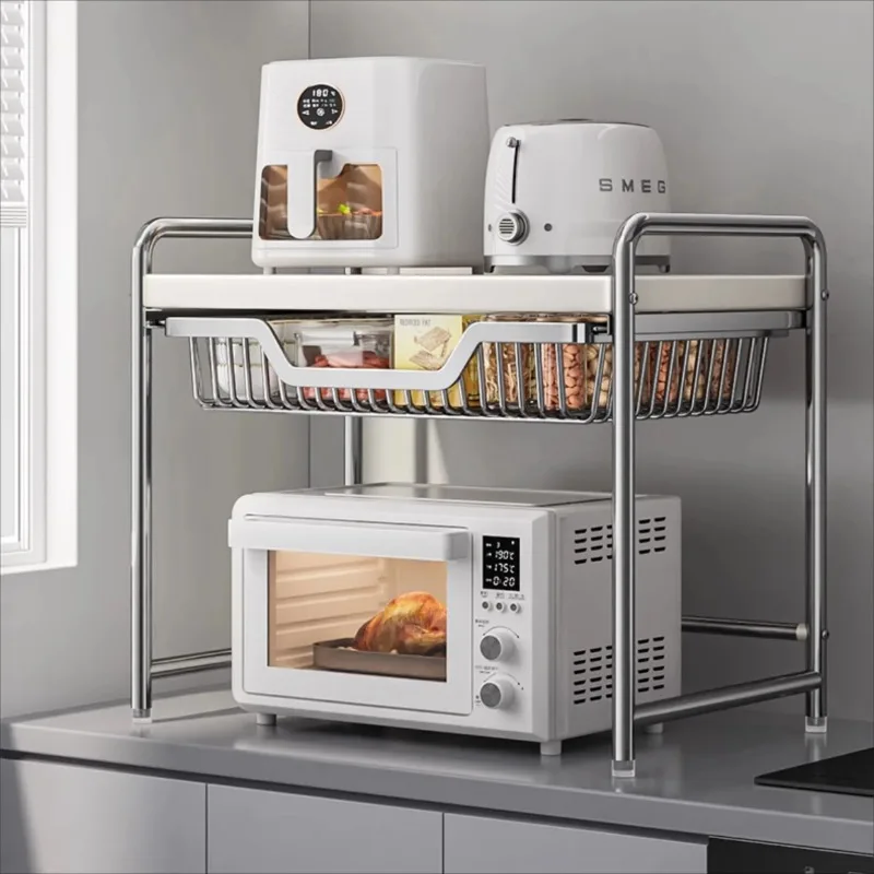 

‌2-Tier Stainless Steel Microwave Shelf - Countertop Organizer for Oven, Rice Cooker & Pans, Space Saving Kitchen Rack