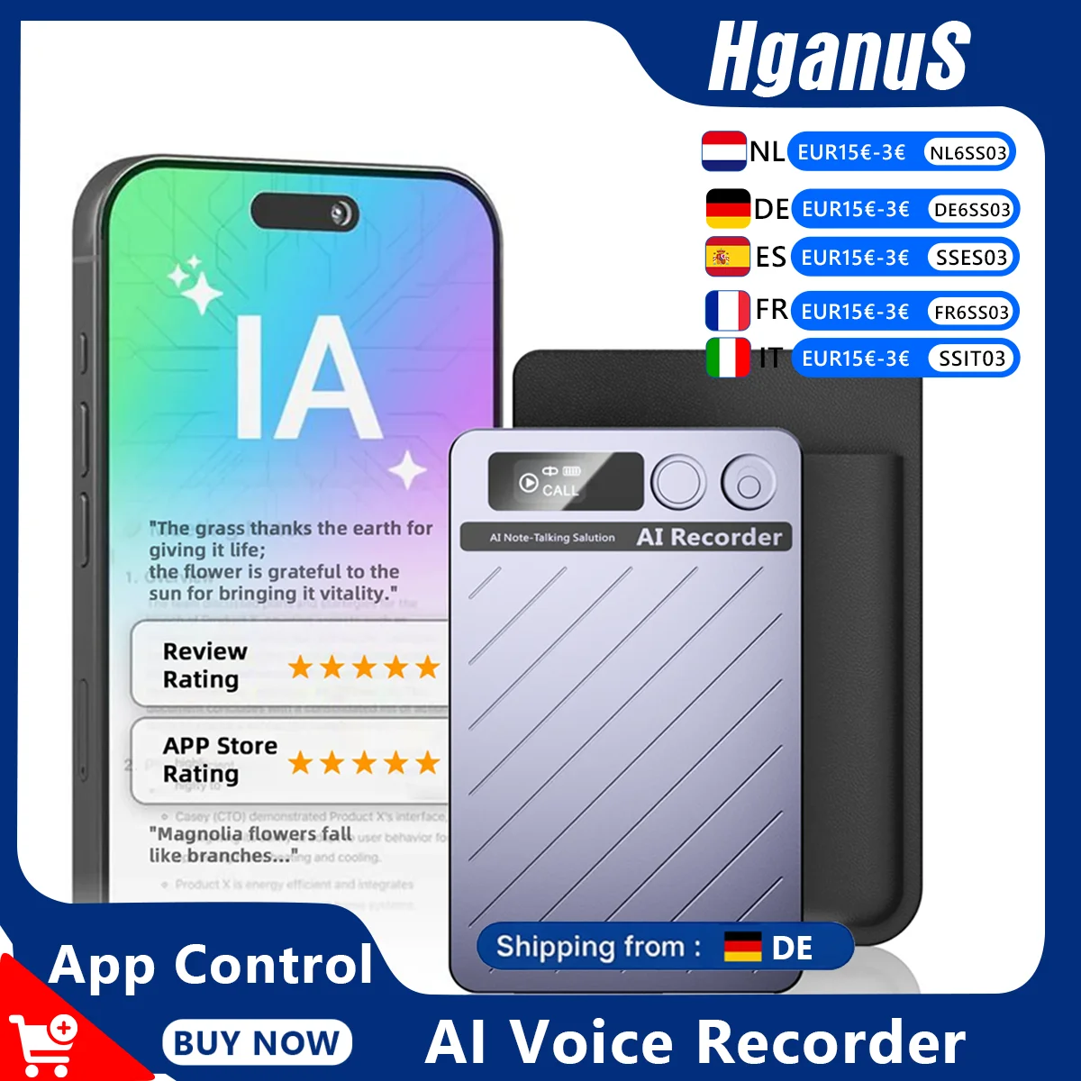 Enregistreur vocal portable Hganus avec contrôle par application, batterie 64 Go, transcription/résumé IA, application ChatGPT-4, téléphone BT 5.3