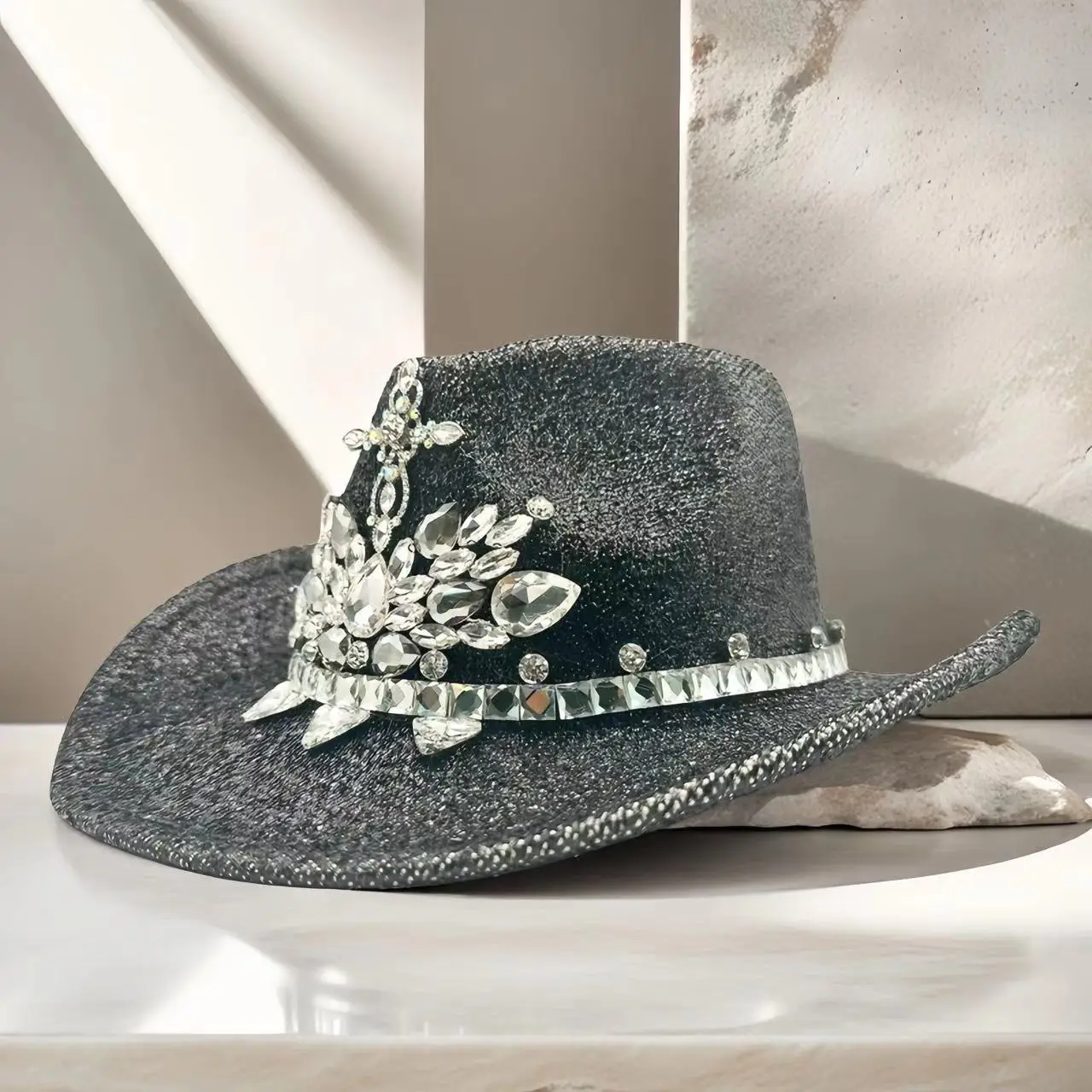 HongLuan Black Glitter Costume Hat Adult, Cowboy Hats Rhinestone for Woman, Cowboy Cosplay Female Accessories & Cowgirl Cap