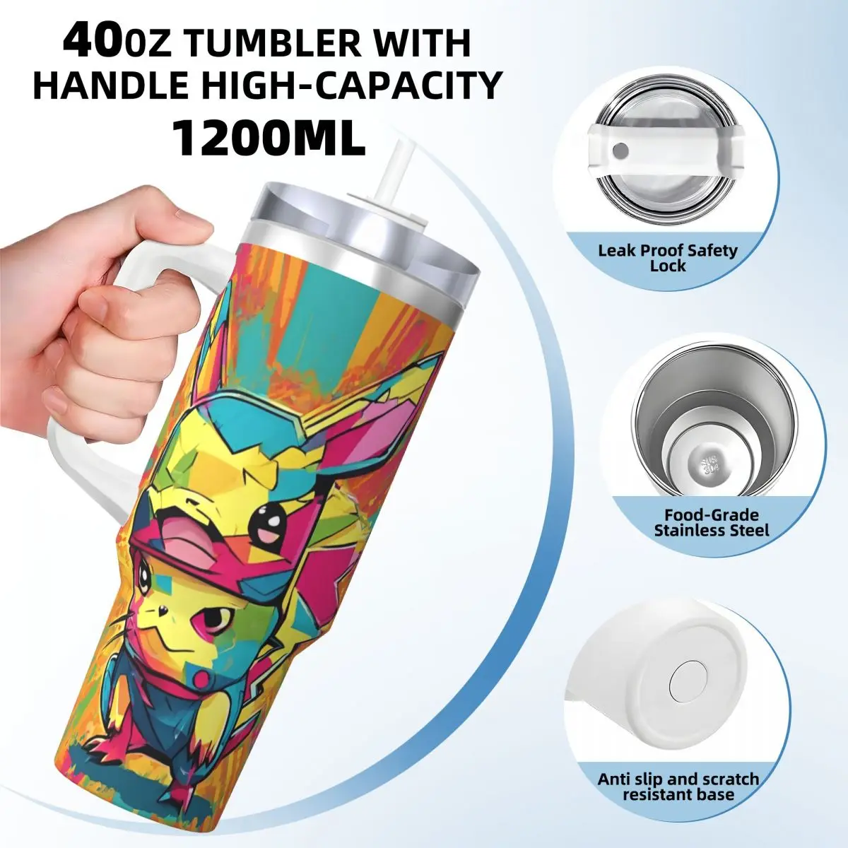 Pokemon Cartoon Anime HD Print Tumbler Cold Drink Water Bottle Insulated Stainless Steel Thermal Cups Printed Camping Car Mugs