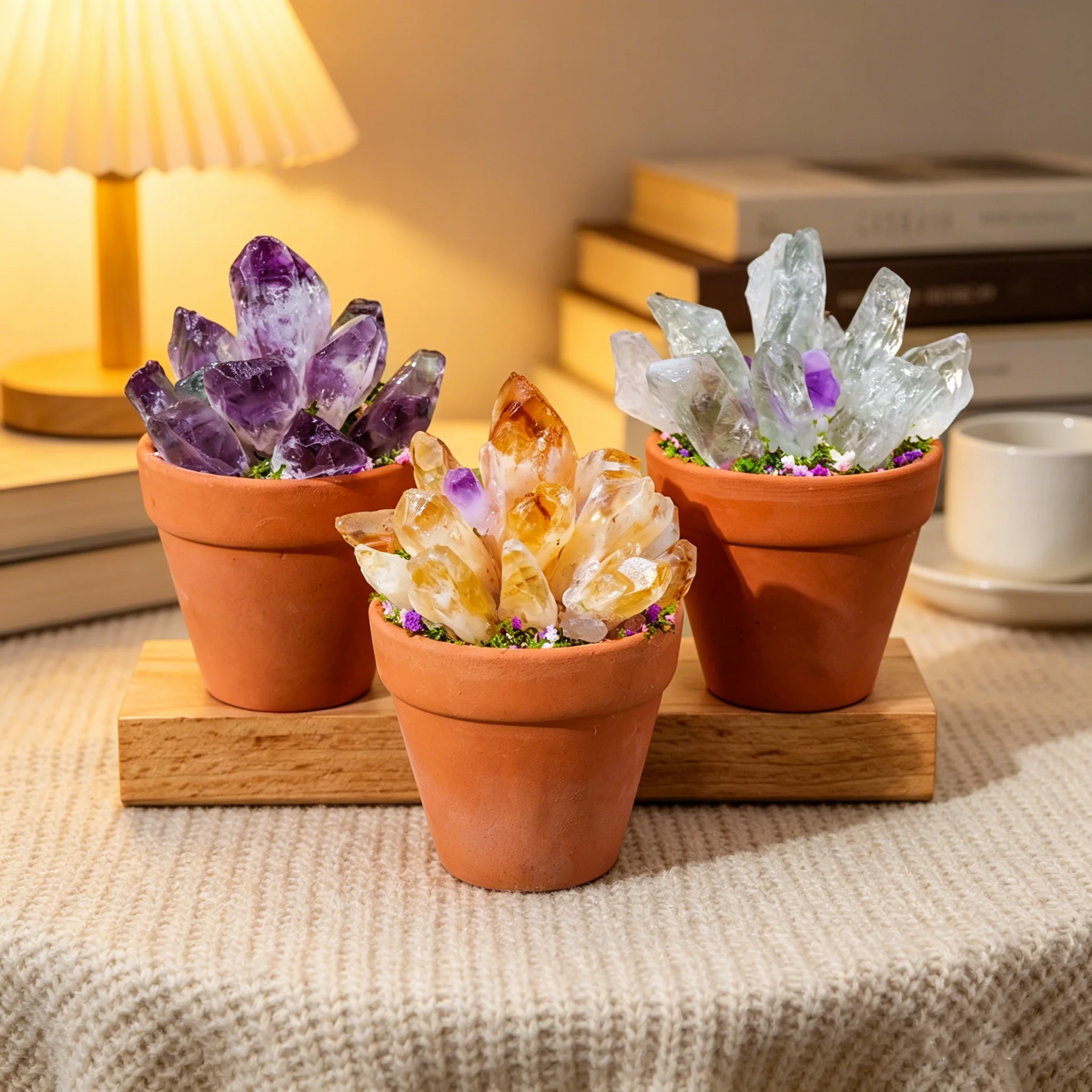 1PC Natural Crystal Cluster with Mini Clay Pot Base, Amethyst Quartz Healing Gemstone Pot Ornament, Potted Plant Style Craft, Fe view 2