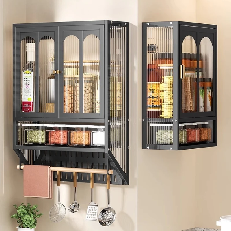 

Wall-Mounted Spice Rack with Doors Multi-Layer Condiment Shelf Space-Saving Cabinet for Oil Bottles Dust-Proof Storage Solution