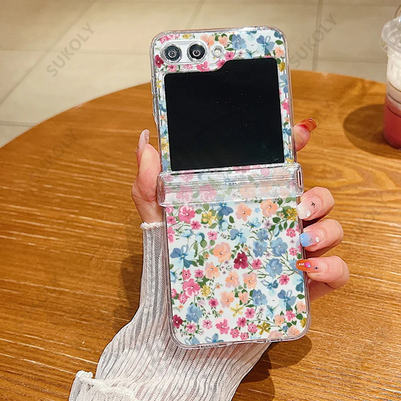 For Samsung Galaxy Z Flip 5 Z Flip 4 Z Flip 6 Flower Pattern Clear Case For Samsung Z5 Z4 Z3 Shockproof Hard PC Folding Cover