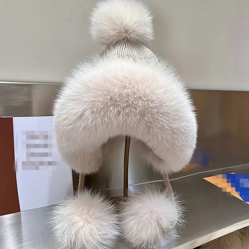 New Winter Genuine Fox Fur Trimmed Hat Wool Thick Cap for Women Earflap Russian Furry Bomber Hats