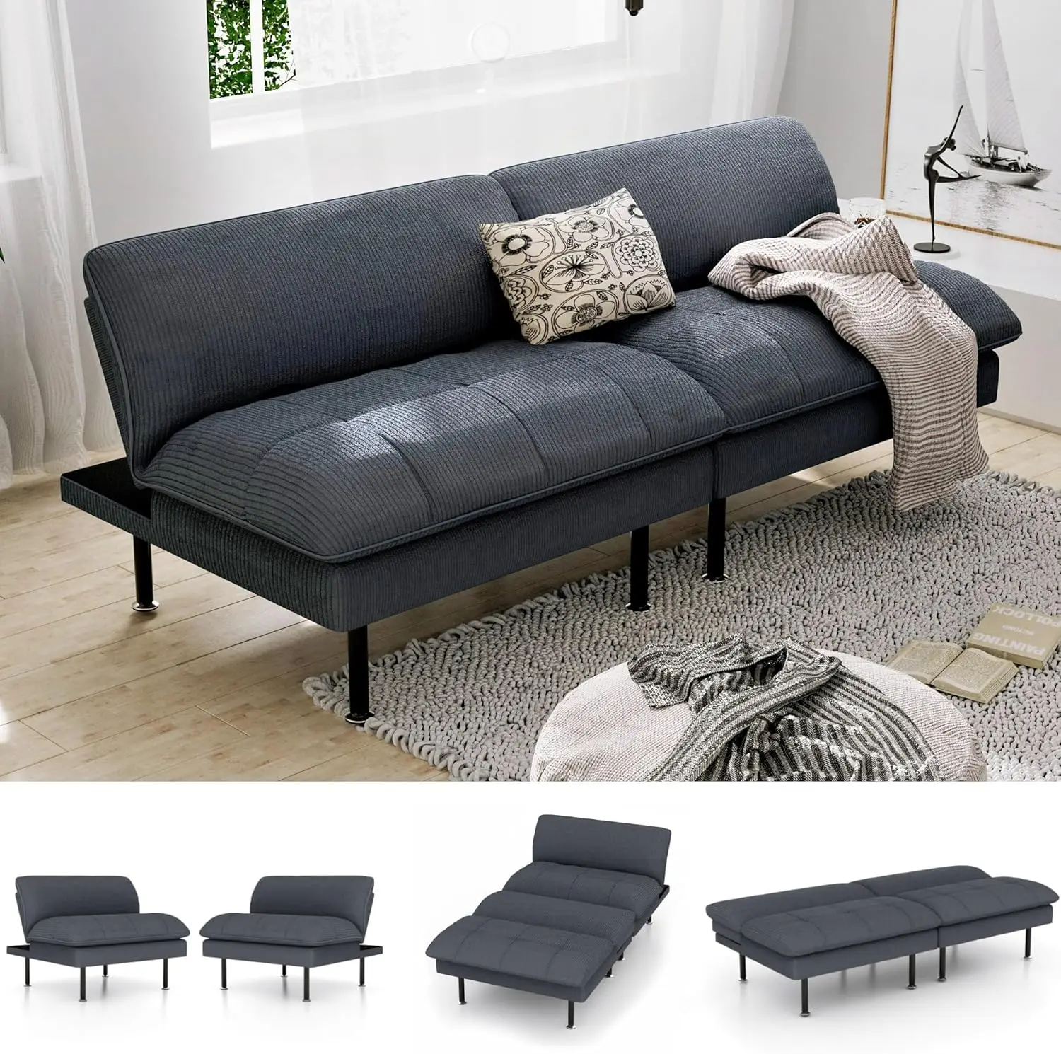 Sofa Bed, 4-in-1 Multi-Function Couch Bed with Adjustable Backrest, Modern Convertible Futon, Recliner Love Seat Sleeper Sofa, S