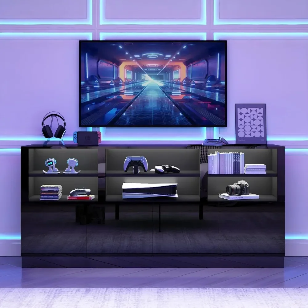 

70 Inch LED TV Stand for 75/80/85 Inch TV, Gaming Entertainment Center with Storage Shelves & Doors,High Gloss TV Media Console