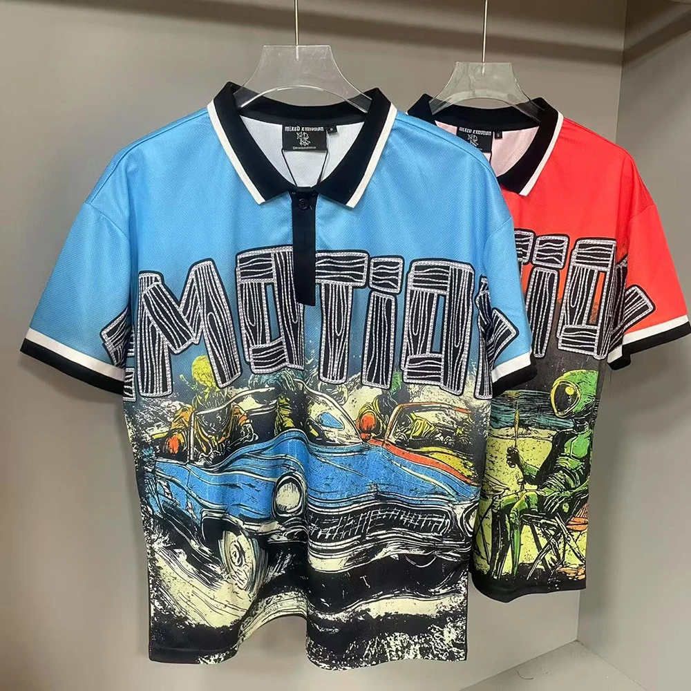 

New Summer 3D Digital Print Patchwork Breathable Polo Shirts for Men Short Sleeve Letter Casual Baggy Top Tees Oversized