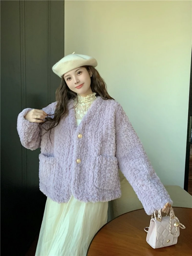 Fur Coat Women Clothing Autumn Winter Lamb Wool Jacket Crop Tops V-neck Korean Fashion Solid Long Sleeve Streetwear New