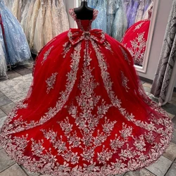 Red Shiny V-Neck Princess Ball Gown Quinceanera Dress Gold Appliques Lace Birthday Party Gown Tassel Prom Dresses Vestido De 15