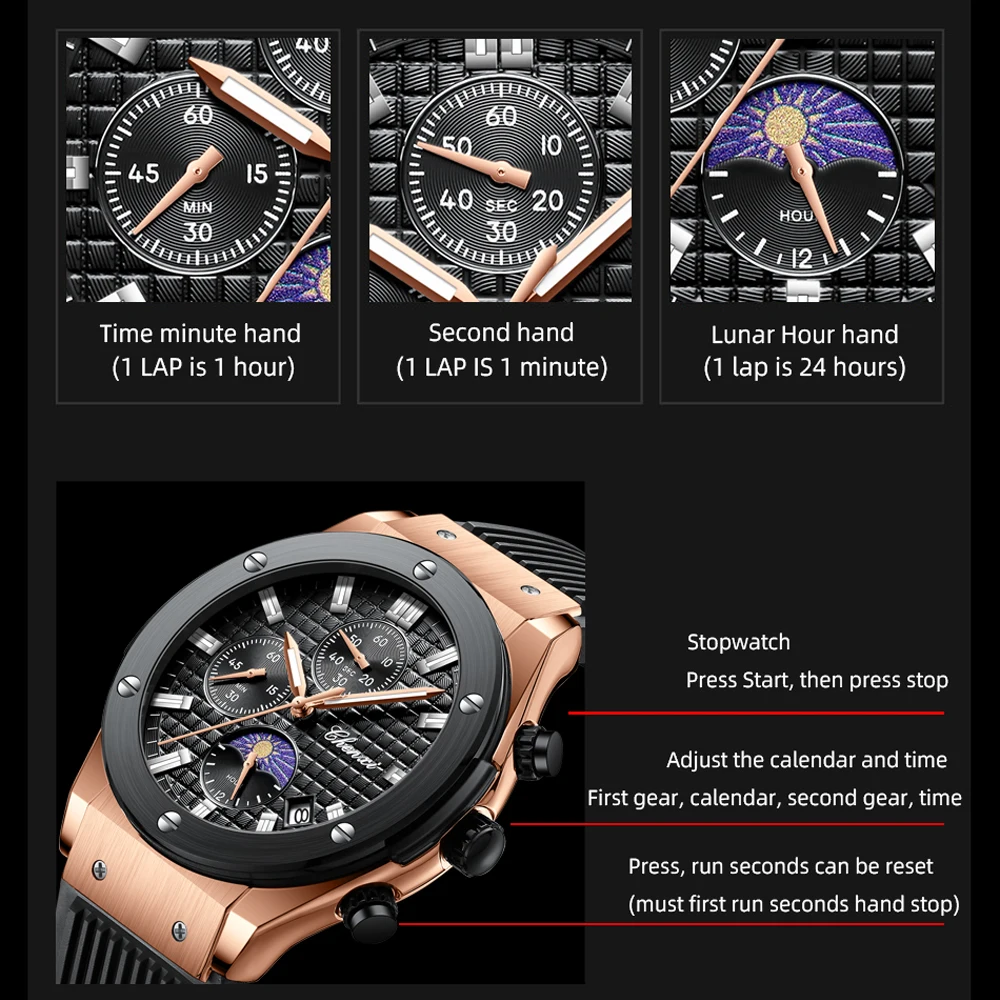 CHENXI Luxury Mens Watches Sports Calendar Moon Phase Quartz Wristwatch Men Chronograph Waterproof Silicone Strap Clock