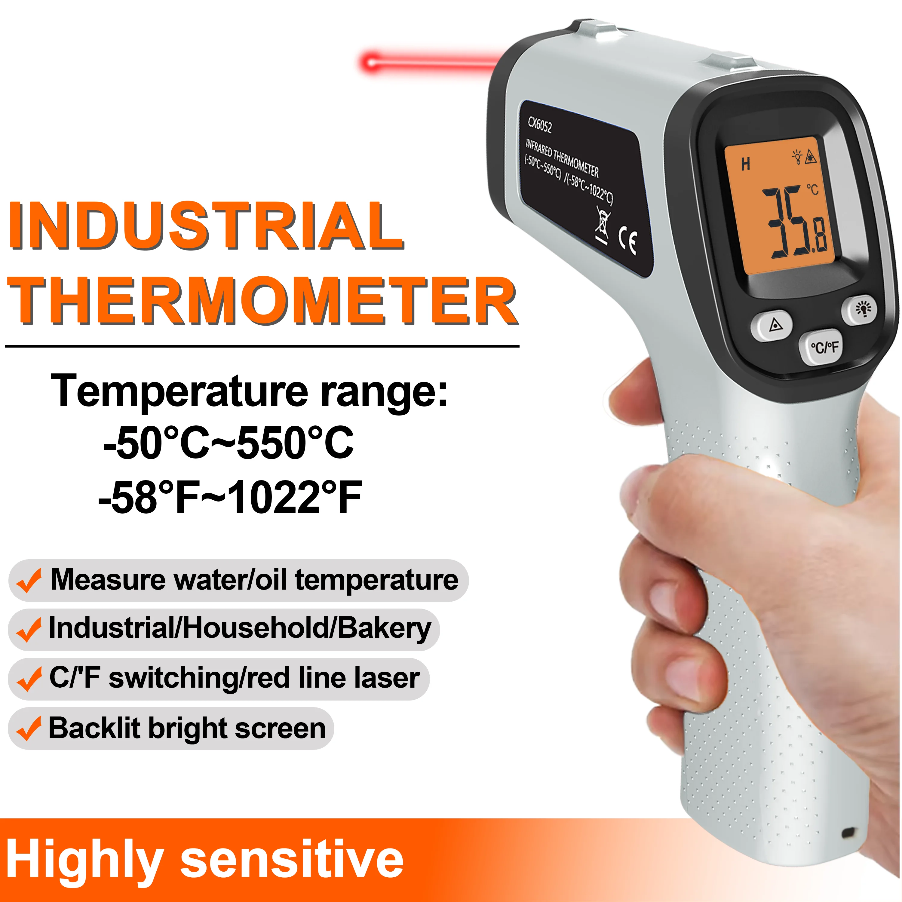 Termómetro portátil sin contacto con pantalla LCD retroiluminada, termómetro láser digital, rango de medición -50 ° C a 550 ° Termómetro tipo pistola C