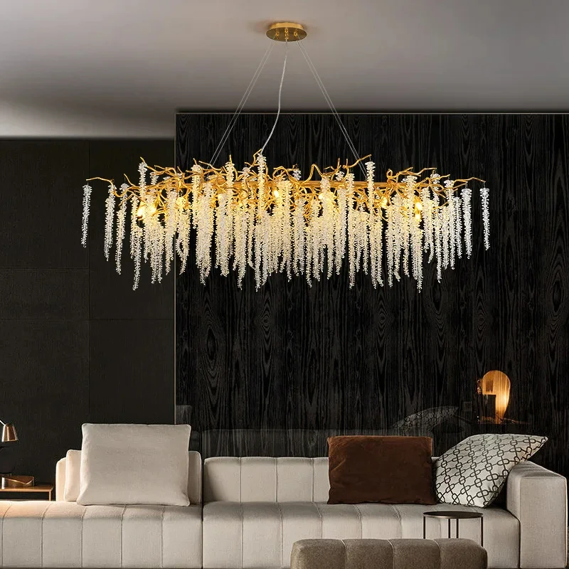 

Hot Modern Art Nouveau Long Gold Luxury Branches Chandeliers Fancy Pendant Lamp crystal gold hanging Lamp Dining Table Decor