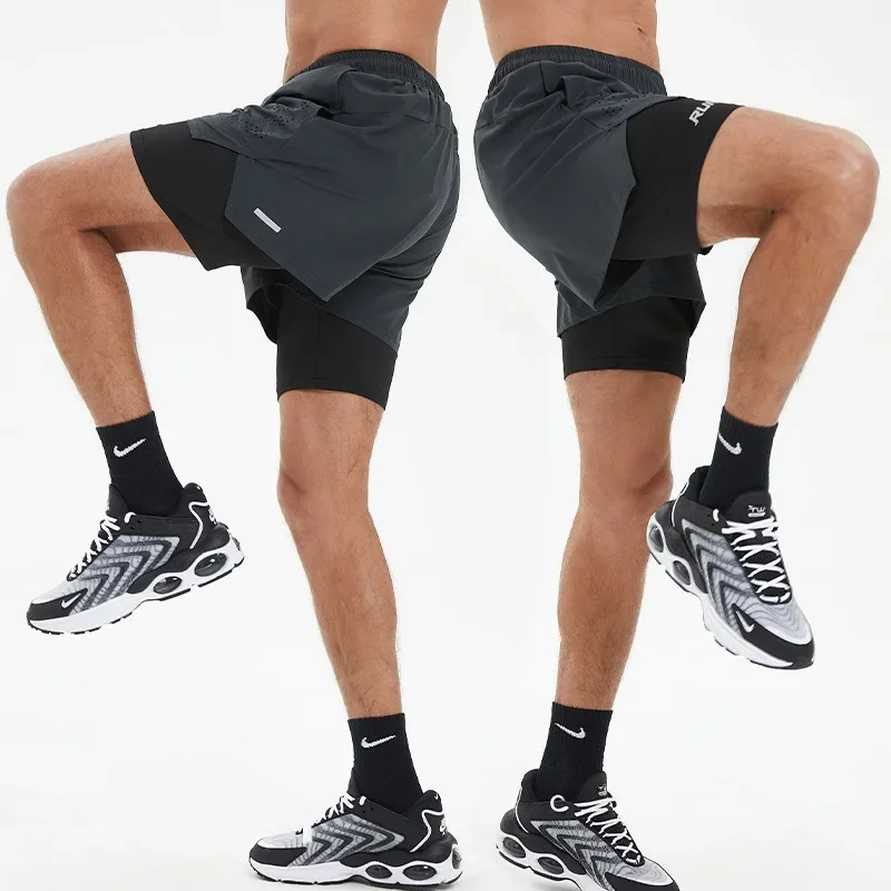 Men 2 in 1 Multi-Pocket Shorts Fitness Workout Lined Tight Short Race Marathon Sweatpants Quick Dry Breathable Scanties Running