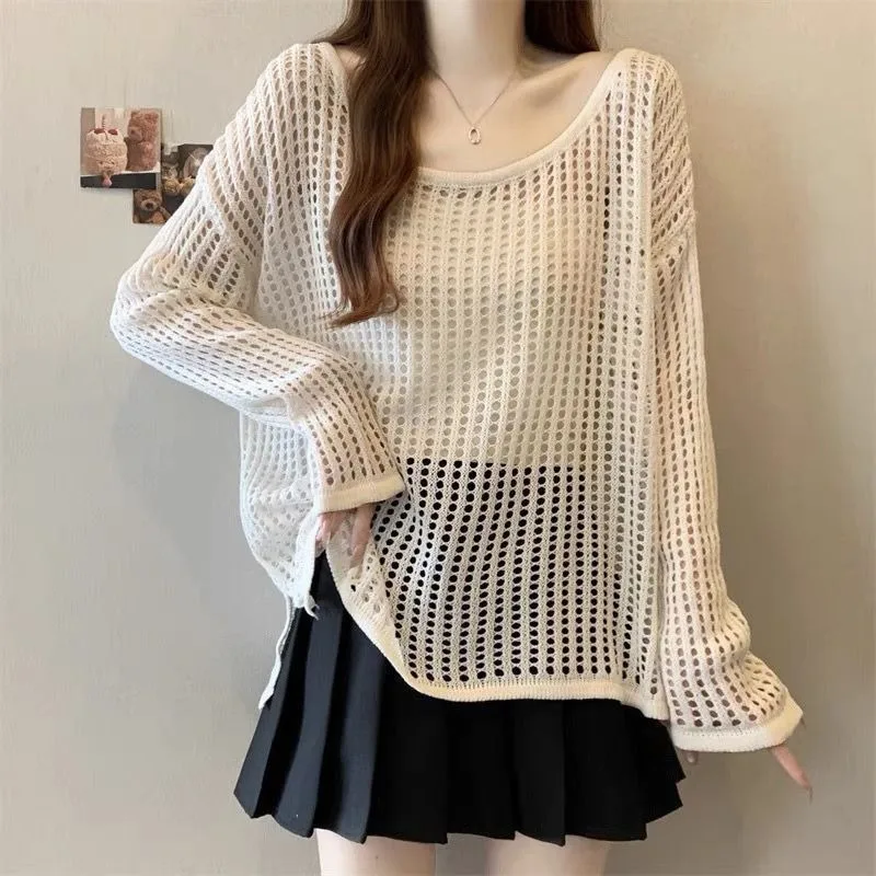 

Женский вязаный свитер-сетка в корейском стиле, с длинными рукавами, пуловер-накидка, уличная одежда, ажурный вязаный джемпер для женщин