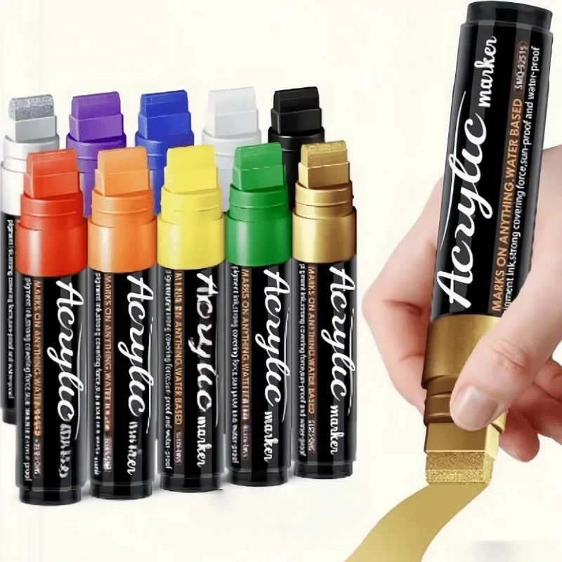 Giant Poster Markers, 15mm Wide Tip, Acrylic Paint Markers, Suitable for Posters, Glass, Rock Art, Wood, Cars, Ceramics, Fabrics, Available in Gold, Silver, Black, White, Red, Green, Blue, Orange, Purple