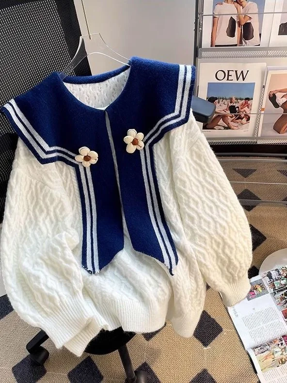 

Вязаный свитер больших размеров в корейском стиле, молодежный, с темно-синим воротником, модный дизайн, в американском повседневном стиле