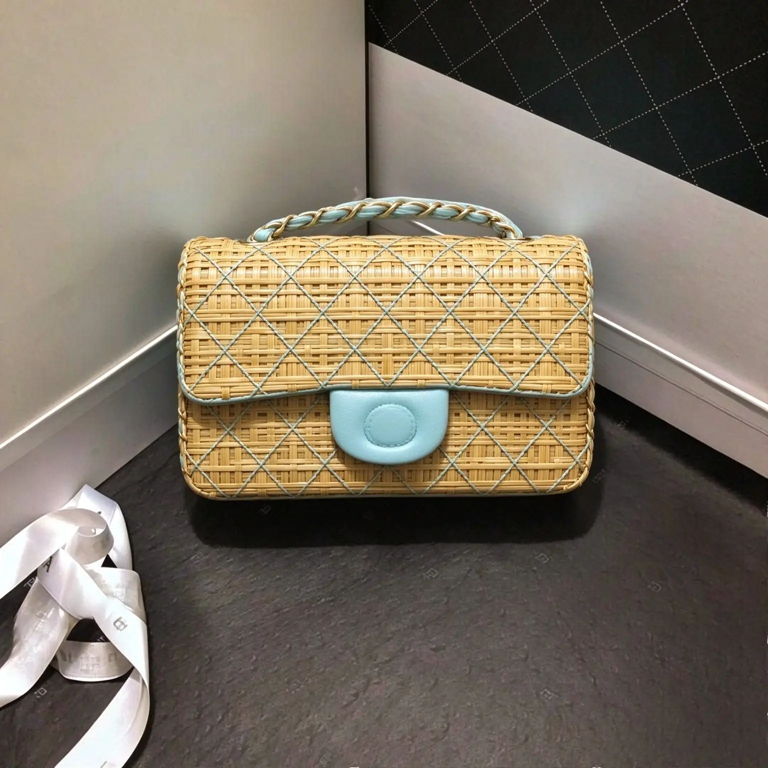 Women Rattan Woven Flap Handbag Braided Top Handle Light Blue PU Trim Crossbody Summer Wicker Shoulder Purse