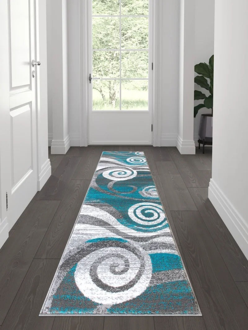 2'x7'  Area Rug with Jute Back Carpet for Living Room Turquoise Swirl Patterned OlefinHome Home Bedroom Decor