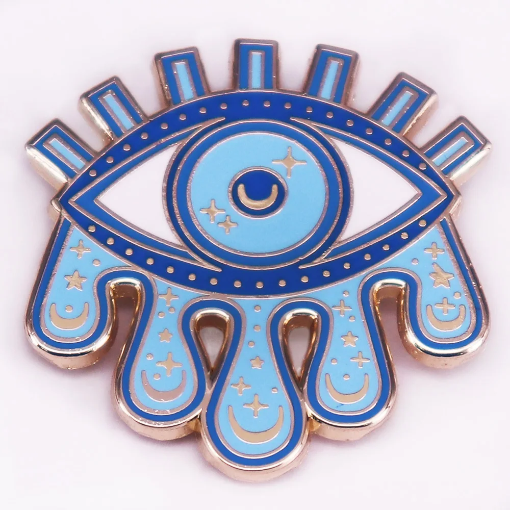 

Cosmic Eye crying Teardrops Moon Stars Blue Gold Enamel Lapel Pin