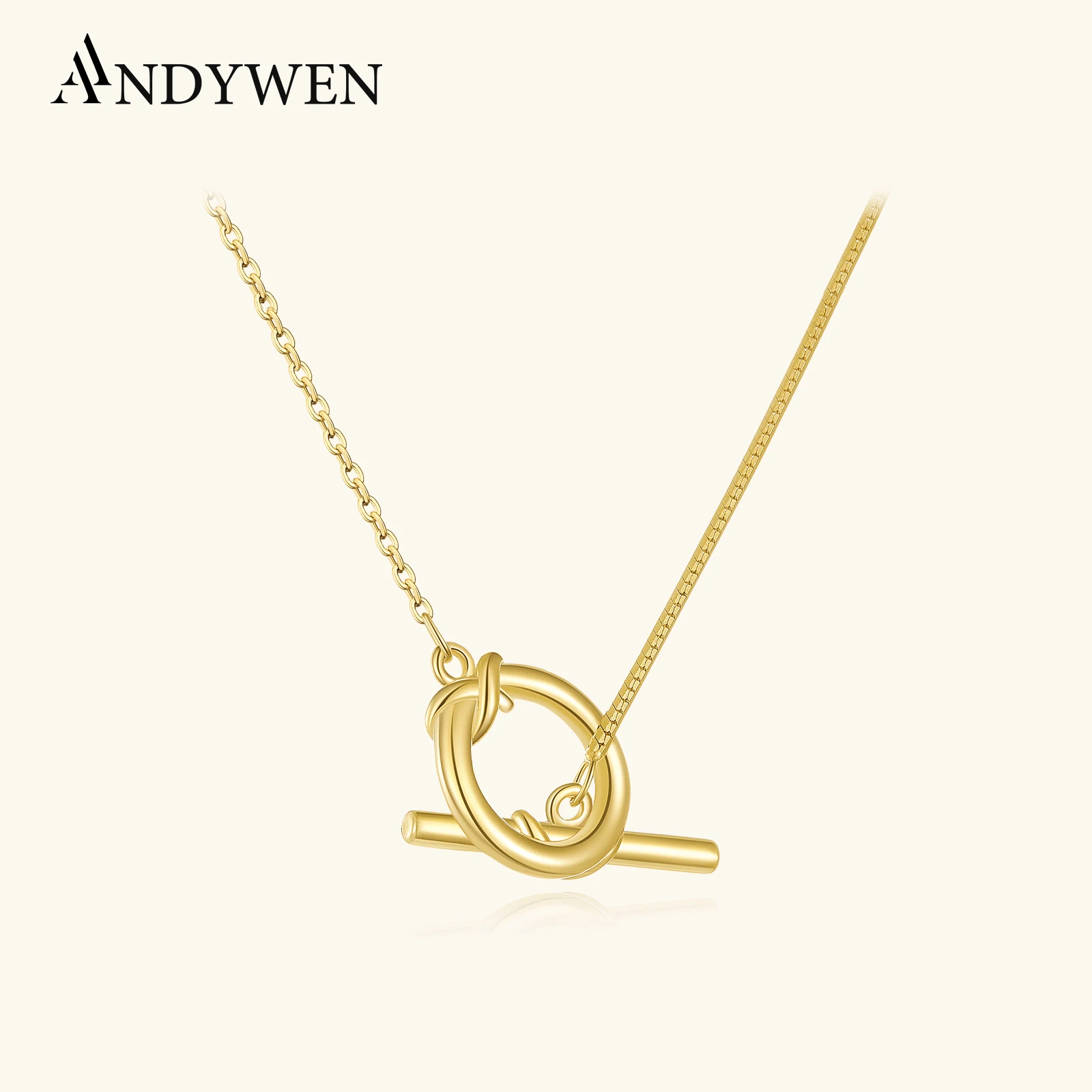 

ANDYWEN 100% стерлингового серебра 925 пробы, золотая застежка, длинная цепочка 43 см, ожерелье, женское роскошное колье на шею, вечерние свадебные украшения, подарок