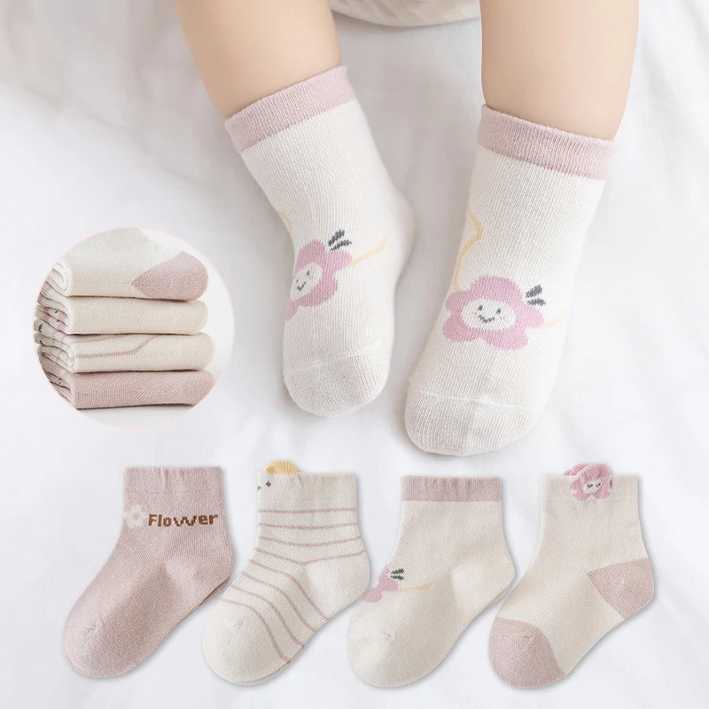 4Pairs Cute Cartoon Baby Cotton Socks Spring Toddler Mid-Tube Sock Soft Breathable Newborn Stockings 0-3Y Boy Girl Kids Footwear