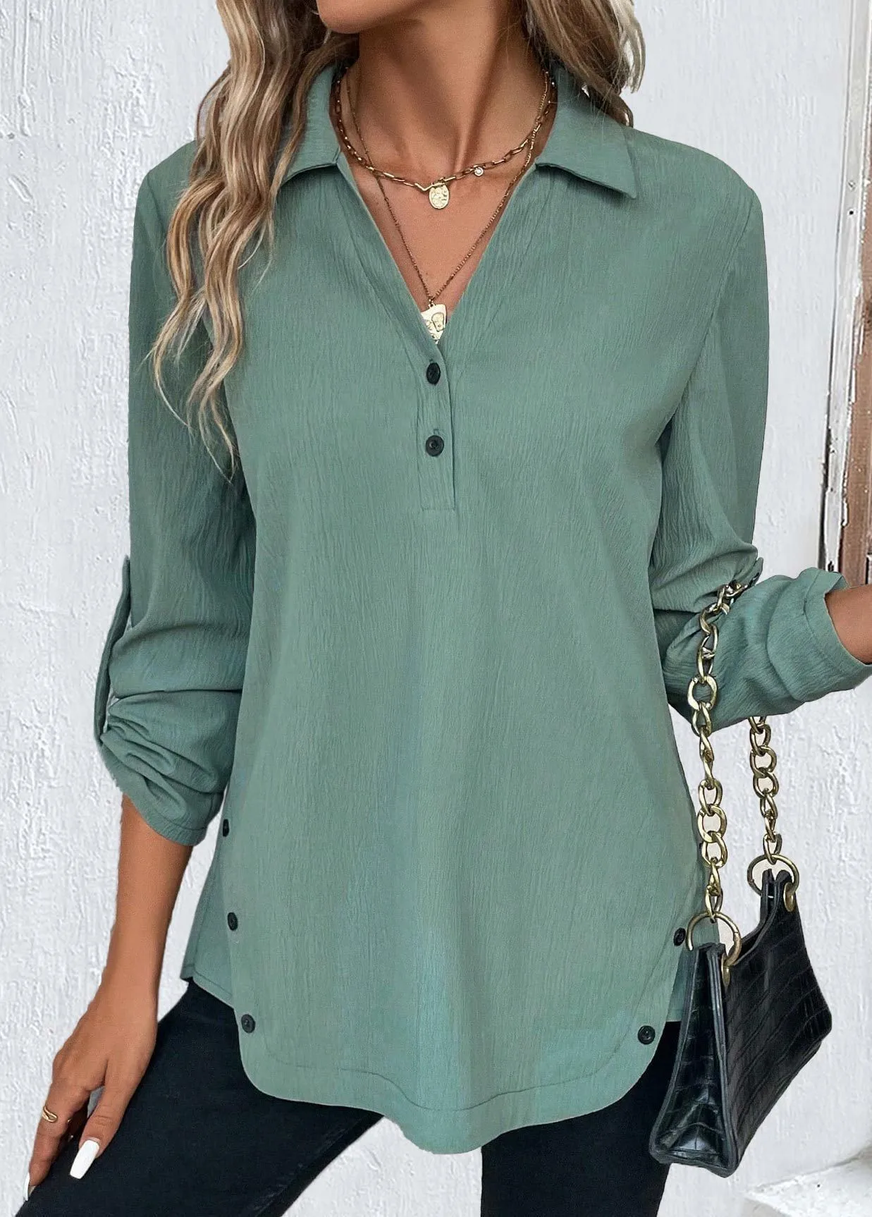 

Women's 1XL-5XL Plus Size Casual Long Sleeve Button Loose Shirt Ladies Comfortable Solid V Neck Blouse