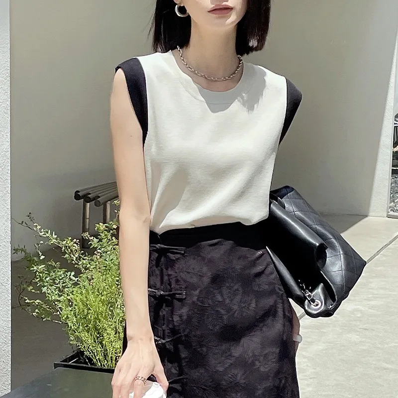 

French temperament round neck patchwork color ice silk sleeveless knitted vest women's summer thin model leggings top