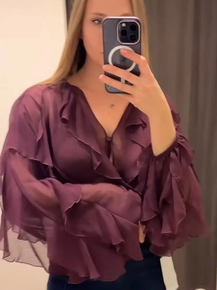 Spring Burgundy Layer Ruffles Shirts For Woman Casual V Neck Full Sleeve Loose Blouse New Female High Street Office Outfits 2025