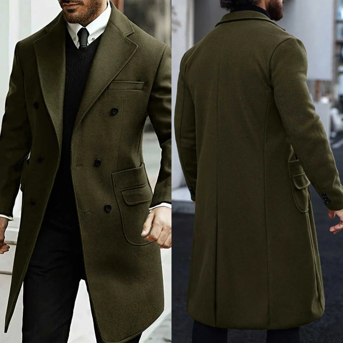 

Stylish Men's Woolen Coat Double Breasted Long Autumn Winter Trench Notched Lapel Thick Business Customized Overcoat