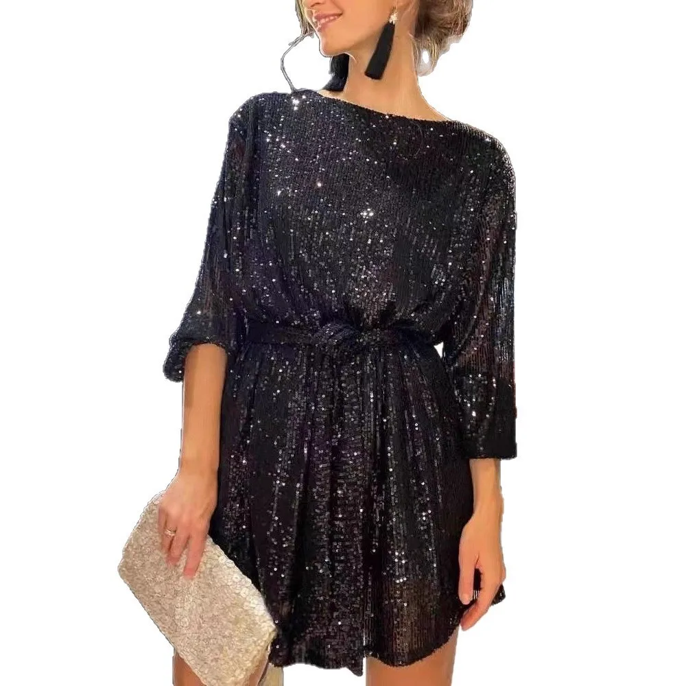Single Sequined Gown Loose Fit Fresh Sweet with Cute Wedding Dress Guest Mid Length Pleated Spring Wedding Guest Dress for Women