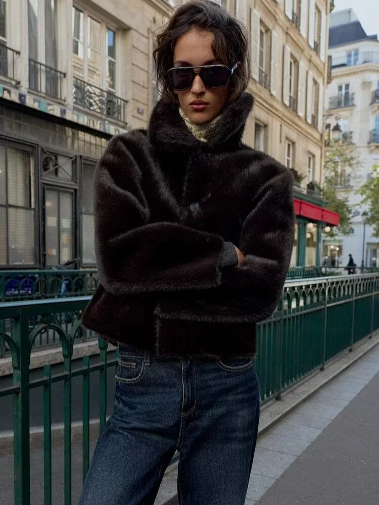 

Однотонная кожаная куртка с воротником из искусственного меха, женская куртка с воротником-стойкой и лацканами, свободное теплое короткое двустороннее пальто, женская зимняя уличная верхняя одежда