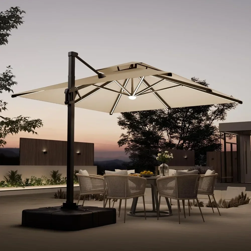 

10 FT Cantilever Outdoor Patio Umbrellas with Solar Powered Led Lights, Free-motion Track Tilt Large Rectangle Umbrella