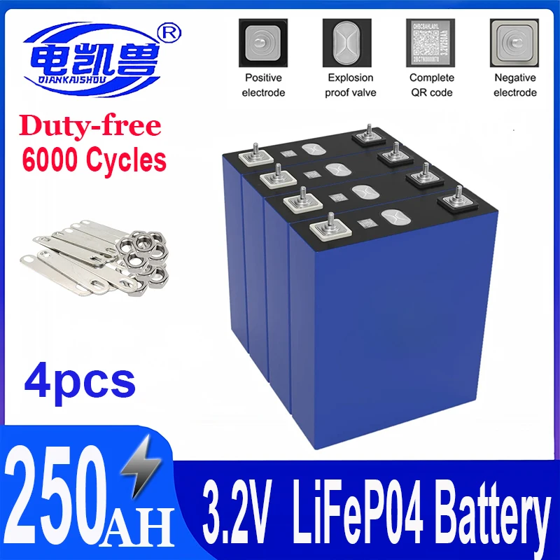 4 PCS Grade A 3.2V 250Ah LiFePO4 Battery Brand New 6000+ Cycles Rechargeable Battery DIY RV EV boat Bus Home Energy