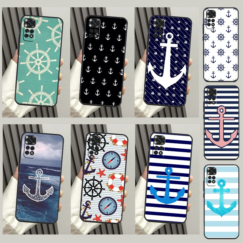 Stripes Anchor Boat Ship Wheel Case For Xiaomi Redmi Note 10 Pro Note 11 8 9 12 Pro 11S 10S 8T Redmi 10C 12C 9C 9T Cover