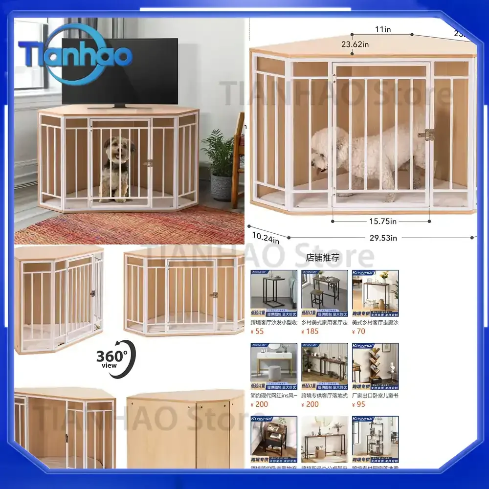 Practical Corner Dog Crate with Steel and Wood Structure for Small and Medium Dogs Indoor Use Wooden Dog House for Dogs