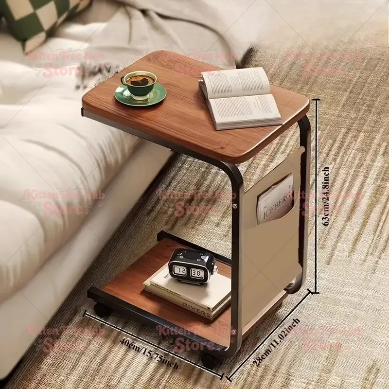 1pc Brown Rolling Side Table with Storage Bag - Solid Wood Table, C-Shaped Desk