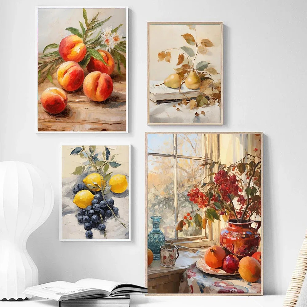 Vintage Rural Farmhouse Lemon Peach Pomegranate Pear Fruit Flower Still Life Poster Canvas Paint Oil Paint Kitchen Wall Decor