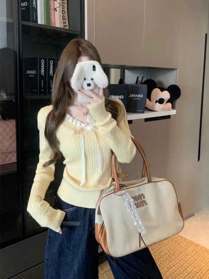 

Желтый свитер с бантом и V-образным вырезом, с эффектом скручивания, женский, осенне-зимний, базовый, вязаный, корейский стиль