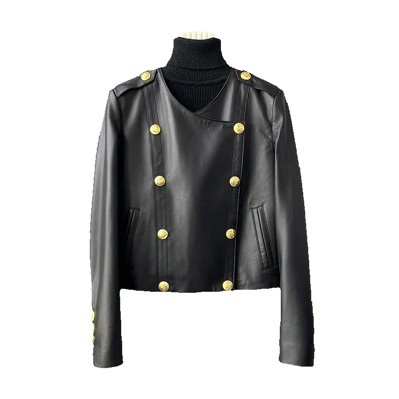 Veste en cuir courte à double boutonnage pour femme, sans col, peau de mouton noire, taille haute, printemps, nouveau