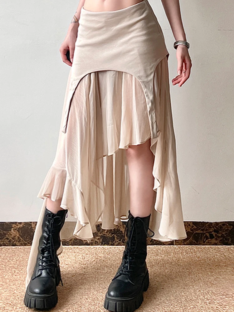 YERMORA High Waist Apricot Irregular Spliced Mesh Elegant Half Body Skirt For Women Loose Fashion Tide Spring Summer 2025