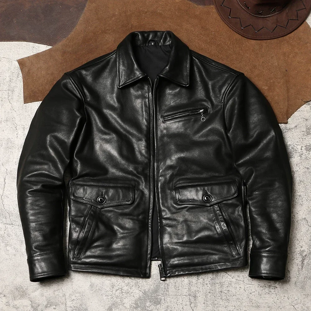 Jacky Cheung Newsboy Leather Jacket Retro Men's Lapel Tooling Leather Batik Goatskin Leather Coat