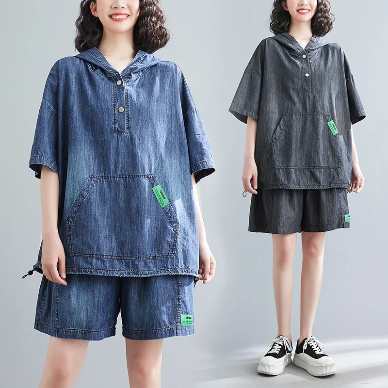 

plus Size Faionable Women's Denim Set Hooded Top Wide Leg orts Summer Two Piece Set Youthful Looking Casual High Waist ...