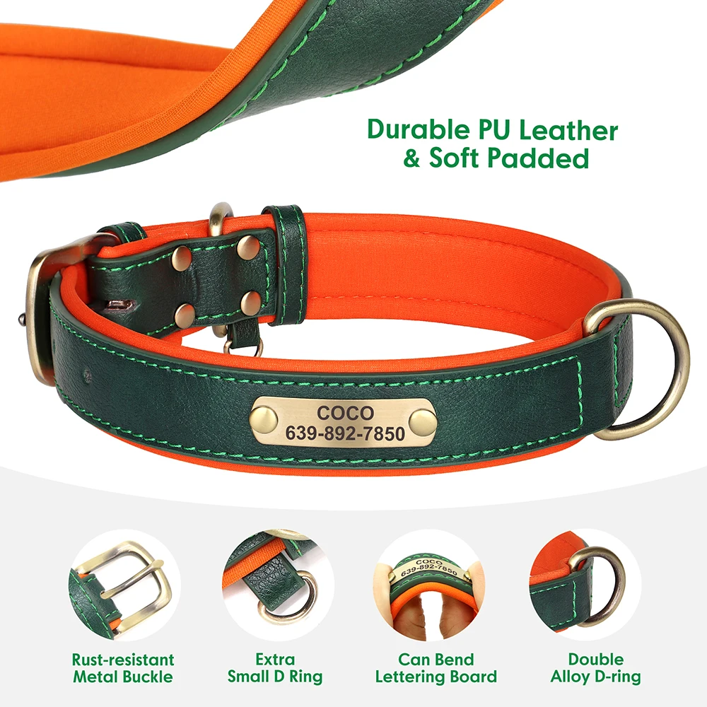 Personalized Dog ID Collar With Leash Soft Padded PU Leather Dogs Collar and Leash Set Anti-lost Tag For Small Medium Large Dogs