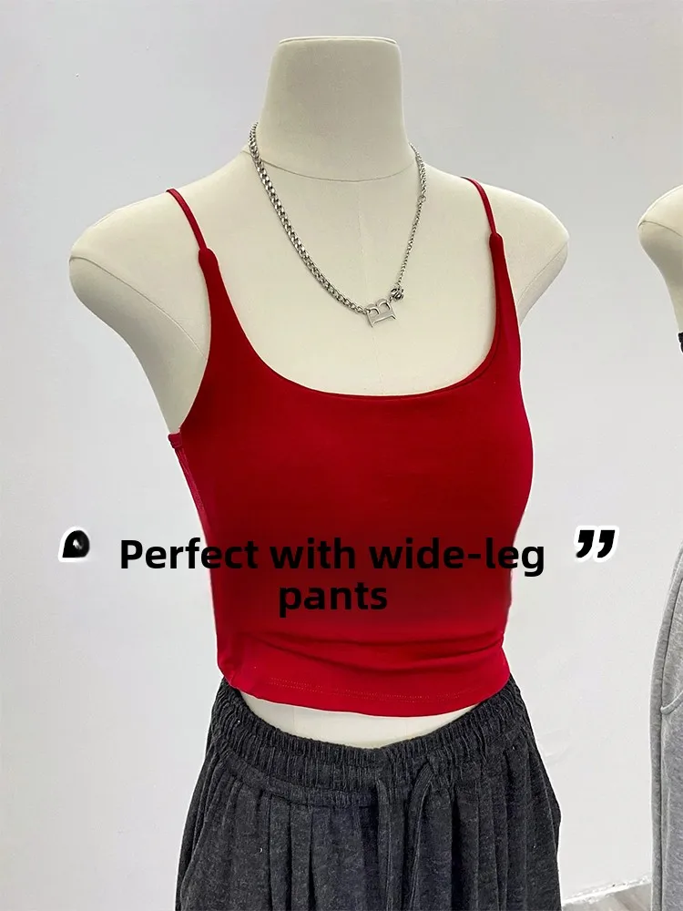 American Style Camisole Tank Top Women Summer Outerwear Inner Match with Chest Pad Beautiful Back Bra Integrated Spicy Girl B...